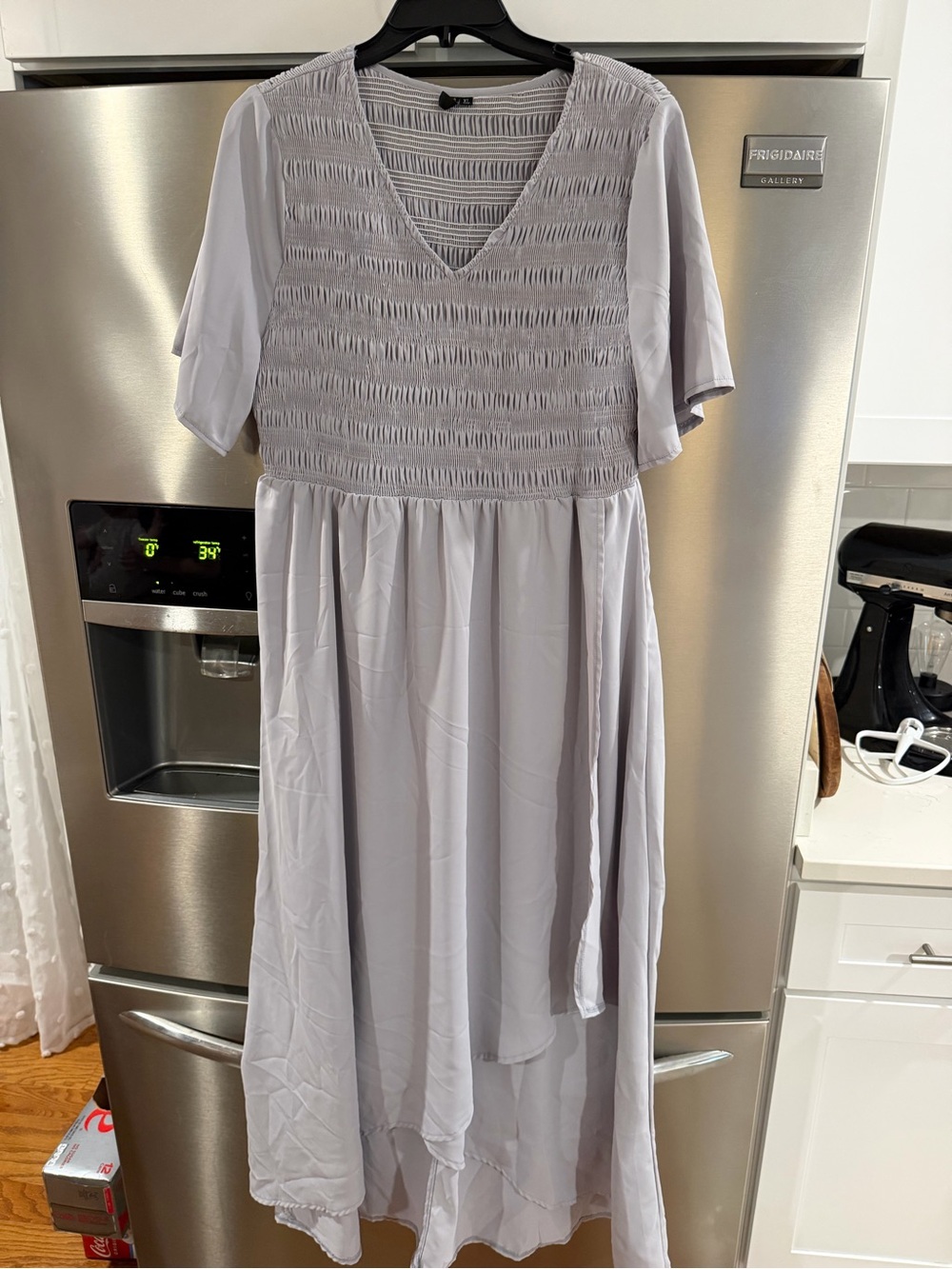 Light Gray V-Neck Smocked Midi Dress - Women